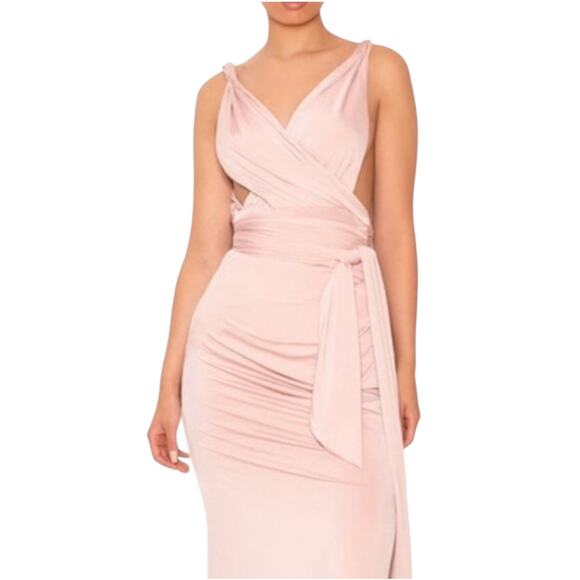 House of CB Dominique Maxi Dress Nude Ruched Backless Wrap | Medium - Picture 2 of 16